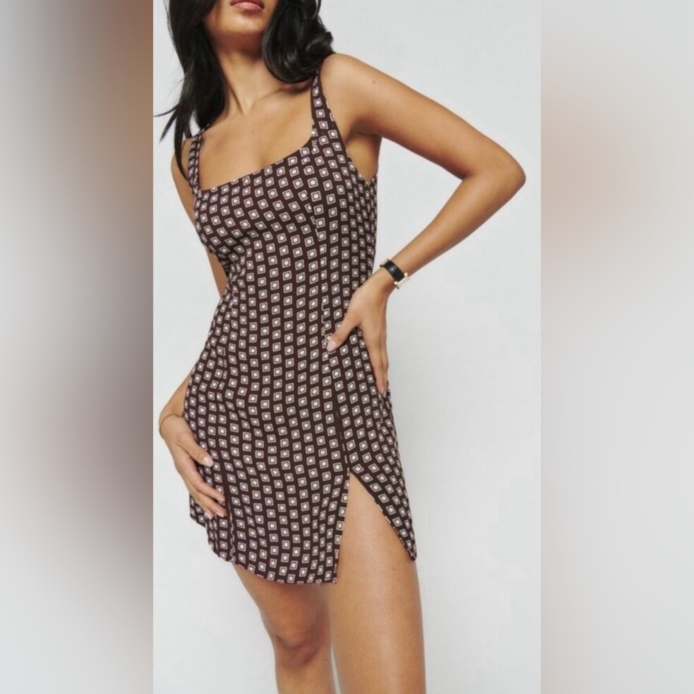 Reformation Noha Sleeveless Crepe Mini Dress Palladio Brown Geometric